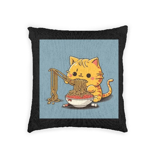 Japanese cat eating spaghetti Woven Pillows