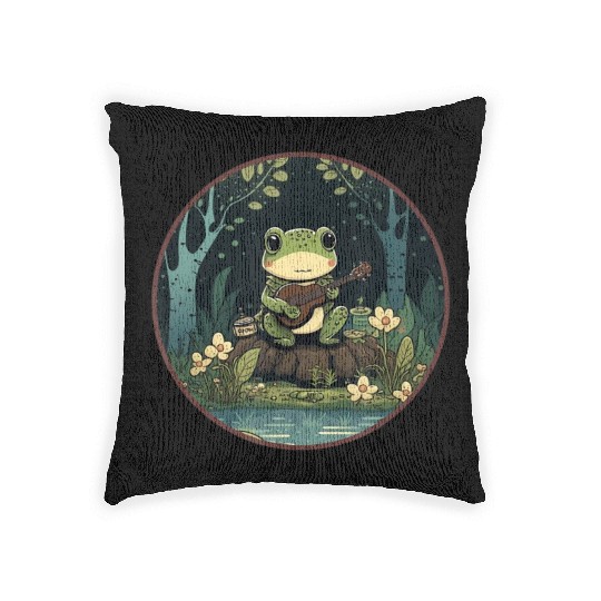 Kawaii Frog Guitar Cottagecore Aesthetic Woven Pillows