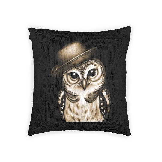 owl wearing derby hat - brown color Woven Pillows