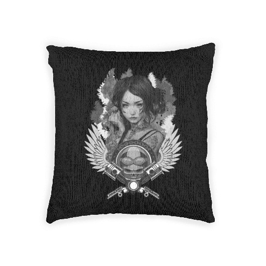 Biker Girl Skull Motorcycle Woman Rider Woven Pillows