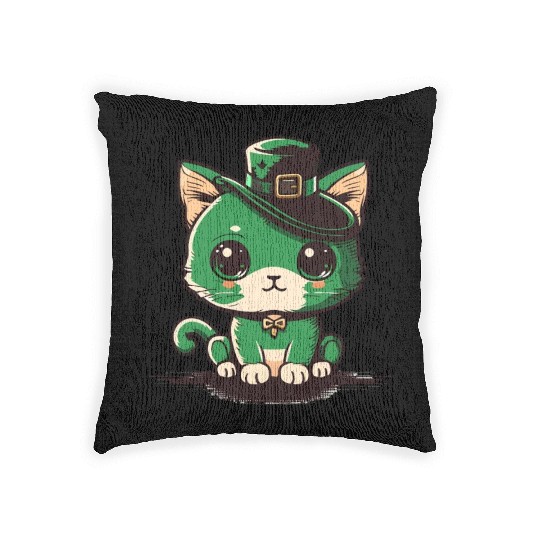 st patricks day - cut cat wearing a hat Woven Pillows