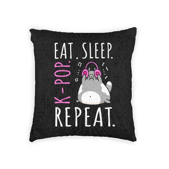 Eat Sleep K Pop Repeat Kawaii Cat Listening Music Woven Pillows