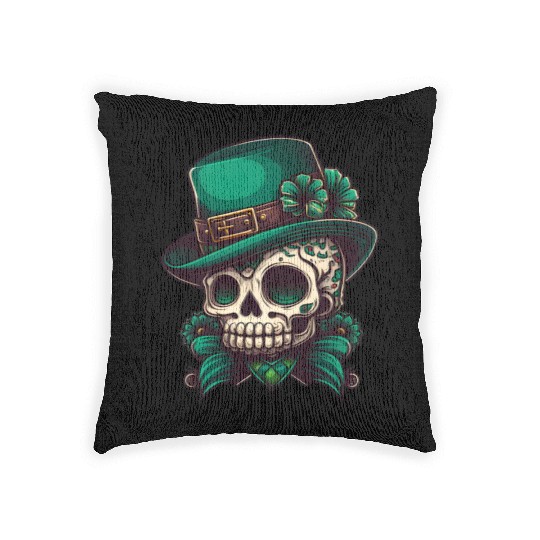 Sugar Skull Wearing A Hat St. Patrick's Day Design Woven Pillows