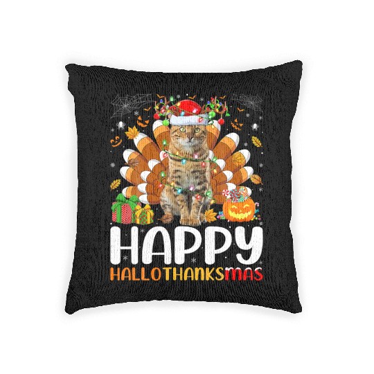Cat Lover Halloween Christmas Happy Hallothanksmas Woven Pillows