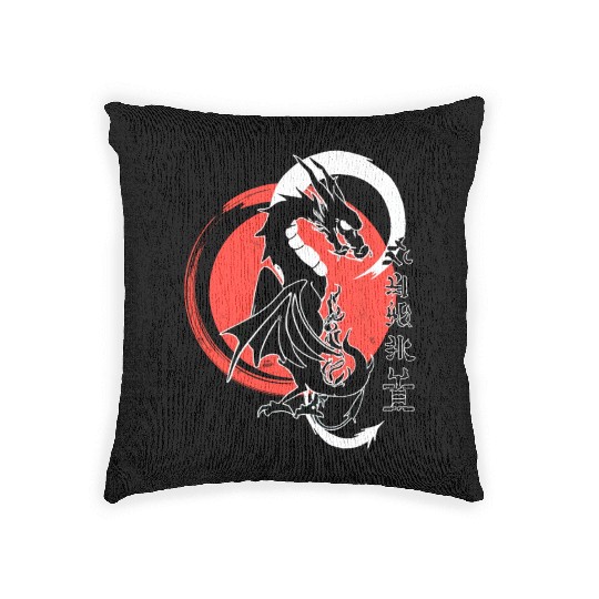 Black dragon, red moon Woven Pillows