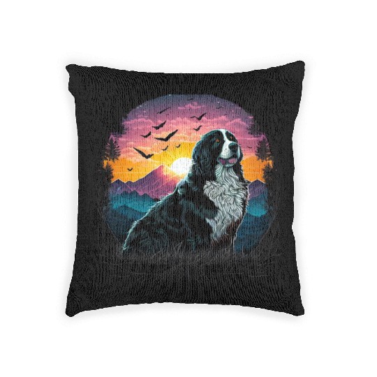 Bernese Mountain Dog with Mountain Sunrise view Woven Pillows