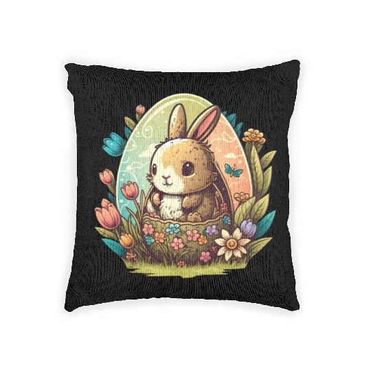 Easter magic: cheerful bunny next to colorful eggs Woven Pillows