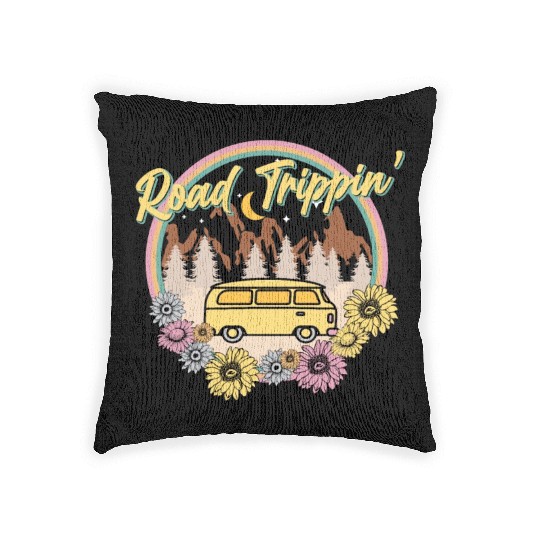 Retro Groovy Road Trip Woven Pillows with Van Flowers