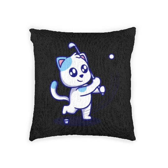 Cute cat playing golf cartoon icon illustration Woven Pillows