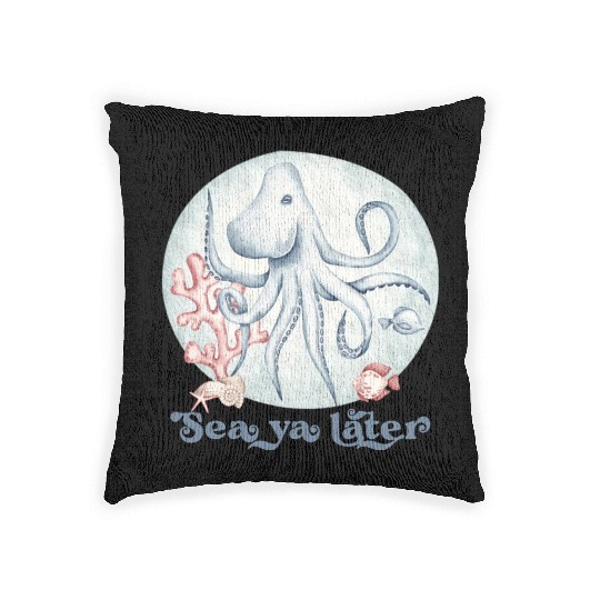 sea ya later octopus near the coral in the sea Woven Pillows