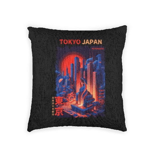 Tokyo Japan Futuristic Cyber City Urban Vaporwave Woven Pillows