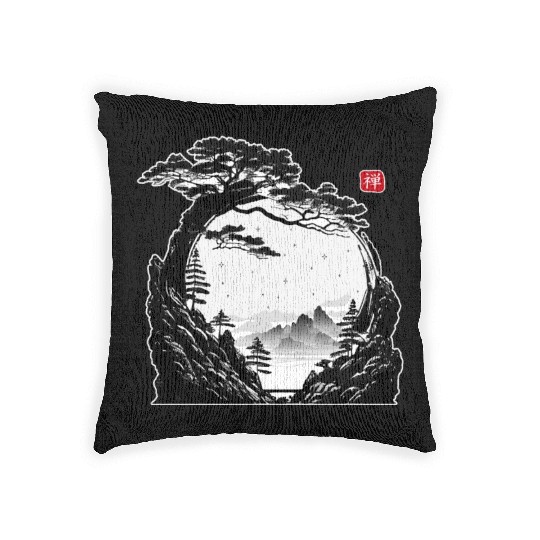 Japanese Zen Circle Landscape Buddhism Bonsai Tree Woven Pillows