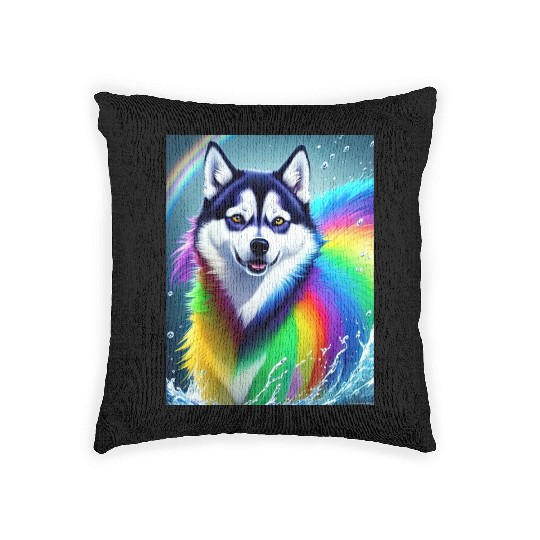 Husky dog with rainbow splashes of colors Woven Pillows