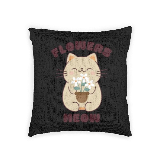 Kawaii cat and flowers, meow! Woven Pillows