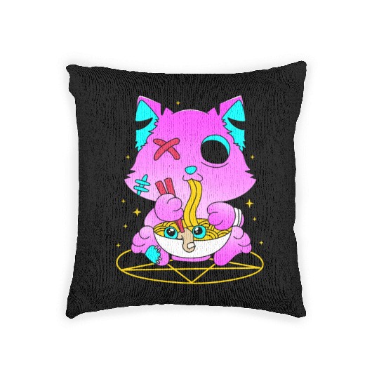 Pastel Goth Ramen Cat Kawaii Anime Japanese Woven Pillows