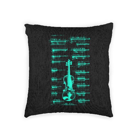 Teal Neon Da Vinci violin blueprint Woven Pillows