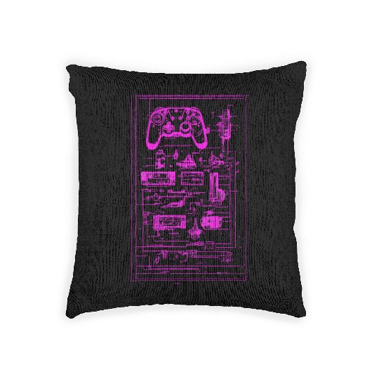 Neon Pink Video Game Controller Blueprint Woven Pillows