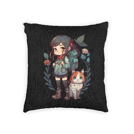 Girl & Cat Kawaii Anime Floral Cat Lover Woven Pillows