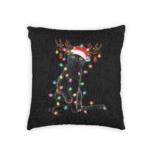 Reindeer Black Cat Christmas Lights Funny Cat Lov Woven Pillows