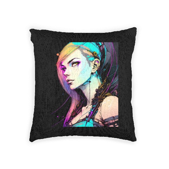 Neon Dreams A Cyberpunk Girl with Orange Teal Hair Woven Pillows