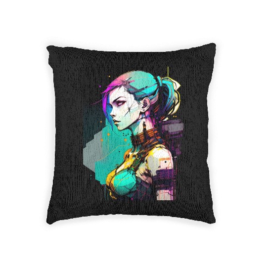 Bold and Beautiful Cyberpunk Girl with Teal Hair Woven Pillows