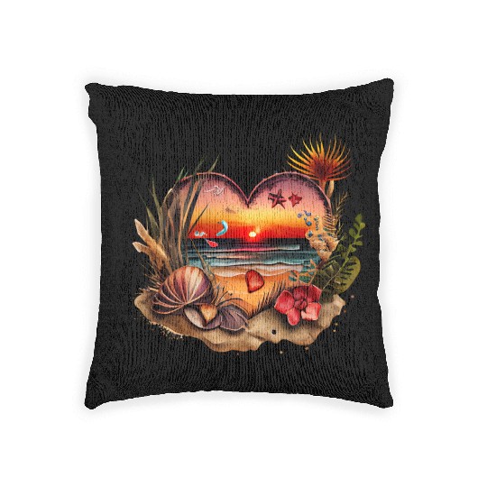 Retro Beach Heart Sunset Watercolor 3 Woven Pillows