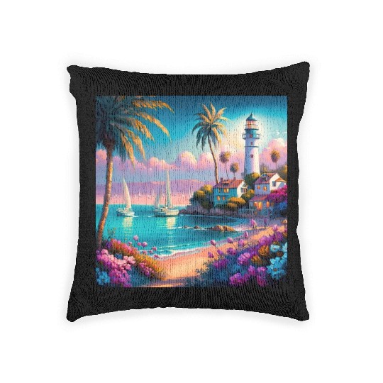 Colorful Tropical Island Beach Sunset Lighthouse Woven Pillows