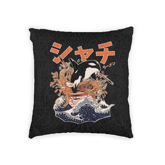 The Great Orca Killer Whale Ramen (Japanese Text) Woven Pillows