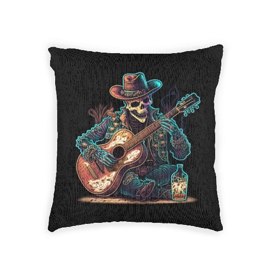 cowboy skeleton play guitar Woven Pillows