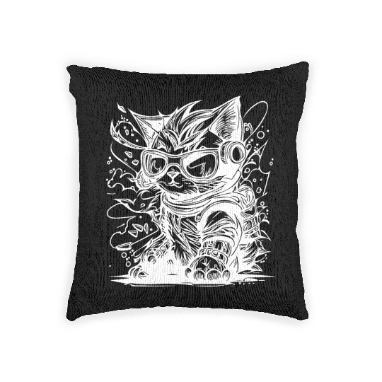 Little Cool Space Cat Splash Tattoo Style Woven Pillows