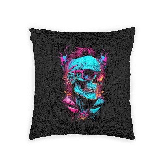 Hipster retro 80s skull neon trend punk metal rock Woven Pillows