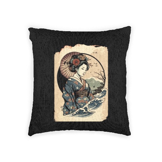 Geisha Watercolor Sea Waves Asian Art Woman Poster Woven Pillows