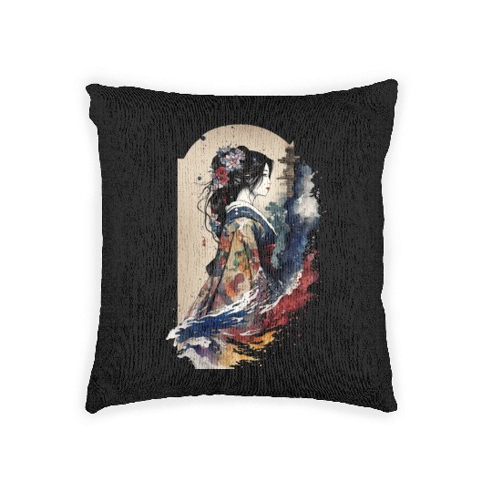 Geisha Watercolor Sea Waves Asian Art Woman Woven Pillows