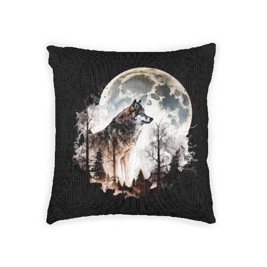 Wolf Moonlight Forest Wild Werewolf Watercolor 5 Woven Pillows