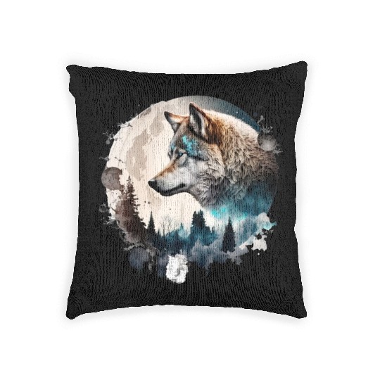 Wolf Moonlight Forest Wild Werewolf Watercolor Woven Pillows
