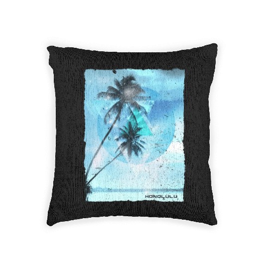 Artistic Honolulu Oahu Hawaii Palm Tree Vacation Woven Pillows