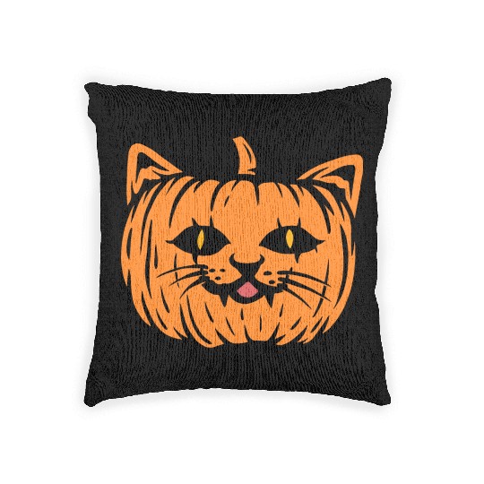 Scary Cat Pumpkin Halloween Woven Pillows