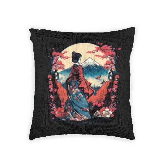 Mount Fuji Fujisan Fujiyama Floral Geisha Woven Pillows