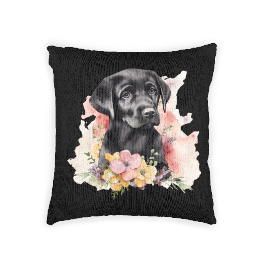Black Lab Dog Watercolor Floral Woven Pillows