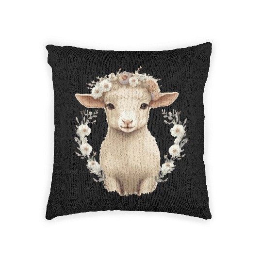 Cute Lamb Flower Crown Sheep Baby Floral Farm Anim Woven Pillows