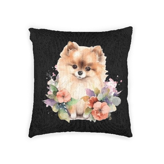 Pomeranian Dog Watercolor Floral Woven Pillows