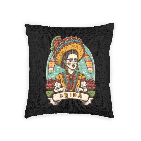 Frida Kahlo Floral Portrait Funny Cinco De Mayo Woven Pillows