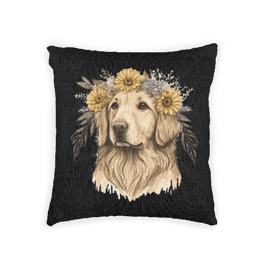 Golden Retriever Flower Crown Pet Dog Breed Floral Woven Pillows