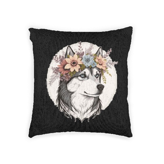 Cute Siberian Husky Flower Crown Pet Dog Breed Flo Woven Pillows