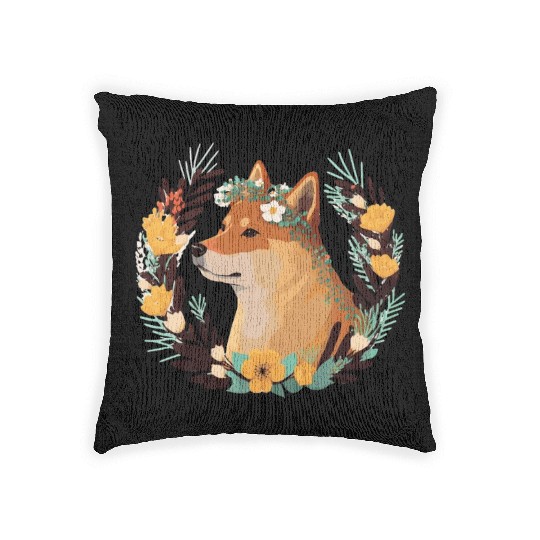 Cute Shiba Inu Flower Crown Pet Dog Breed Floral P Woven Pillows