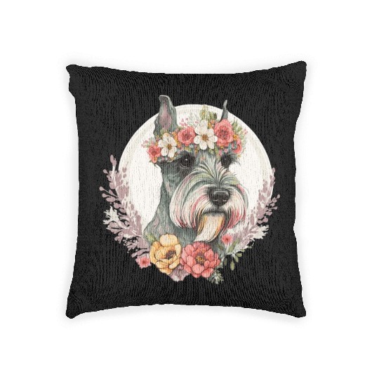 Cute Mini Schnauzer Flower Crown Pet Dog Breed Flo Woven Pillows