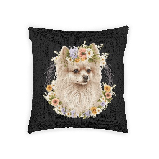 Cute Pomeranian Pom Flower Crown Pet Dog Breed Flo Woven Pillows