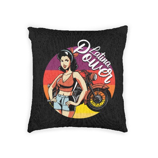 Latina Power Motorcycle Rider Woman Hispanic Woven Pillows