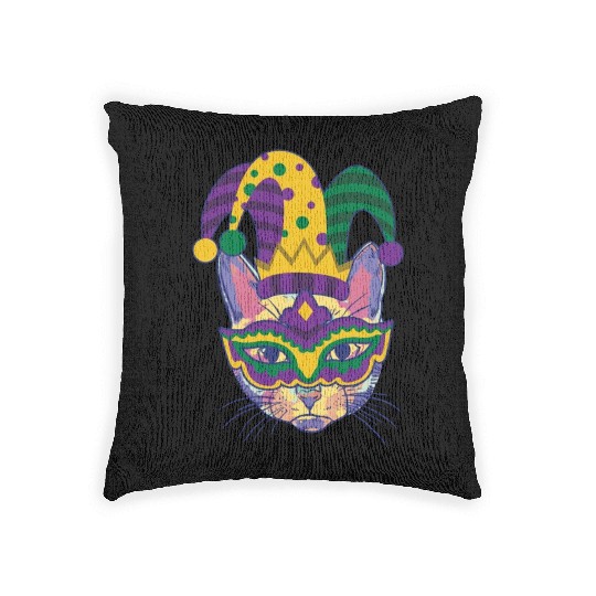 Mardi Gras Cat Cosplayer Jester Mask Costume Woven Pillows