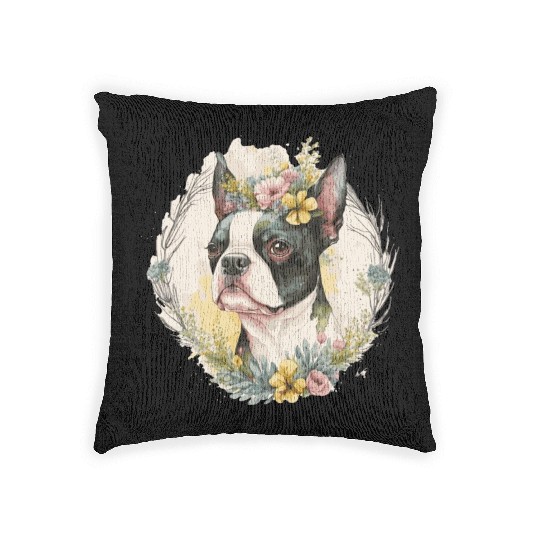 Cute Boston Terrier Flower Crown Pet Dog Breed Flo Woven Pillows
